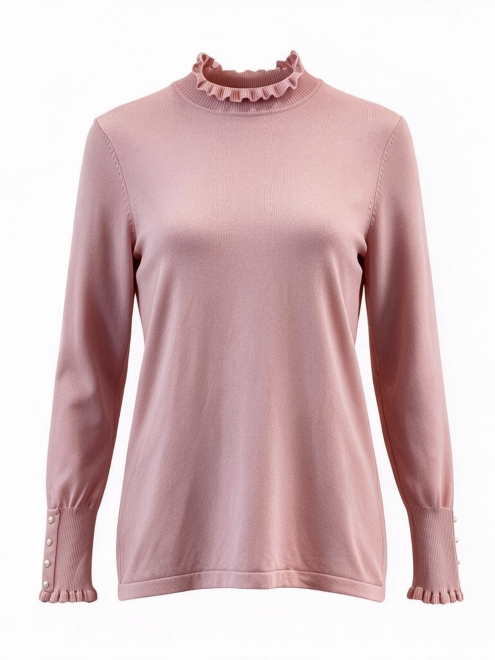 Laura Petites Long Sleeve Pink Ruffle Mock Neck Sweater with Pearl Accents